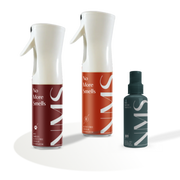 Three spray bottles of 'No More Smells' spray, including a small bottle, a medium bottle, and a large bottle, displayed with their respective labels.