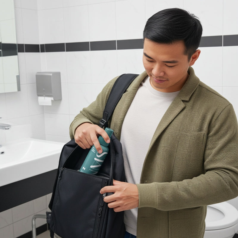 No More Smells Portable Bathroom Odour Eliminator - Man in Toilet  - Compressed Image